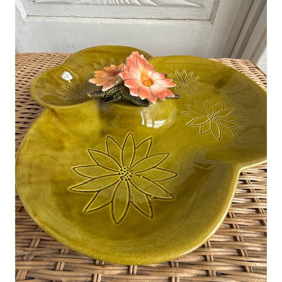 Vintage Mid-Century Modern California Pottery Green Floral Divided Serving Dish - Picture 4 of 11